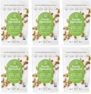 Purely Sprouted Cashews Chili Lime Sea Salt, Non-GMO Superfood for Healthy, Certified USDA Organic, Gluten-Free Snacking (4 oz, 6 pack)