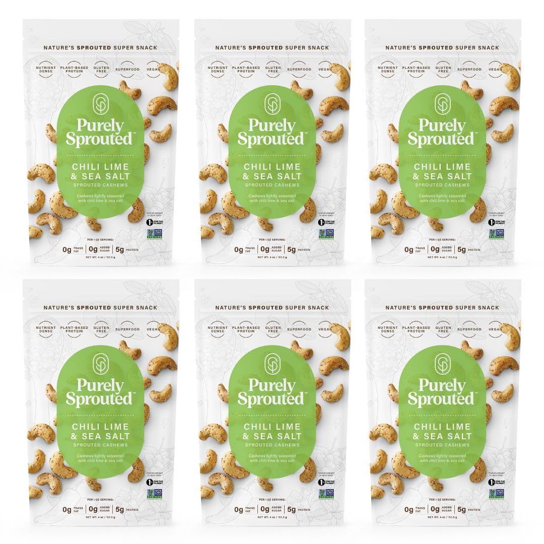 Purely Sprouted Cashews Chili Lime Sea Salt, Non-GMO Superfood for Healthy, Gluten-Free Snacking (4 oz, 6 pack)