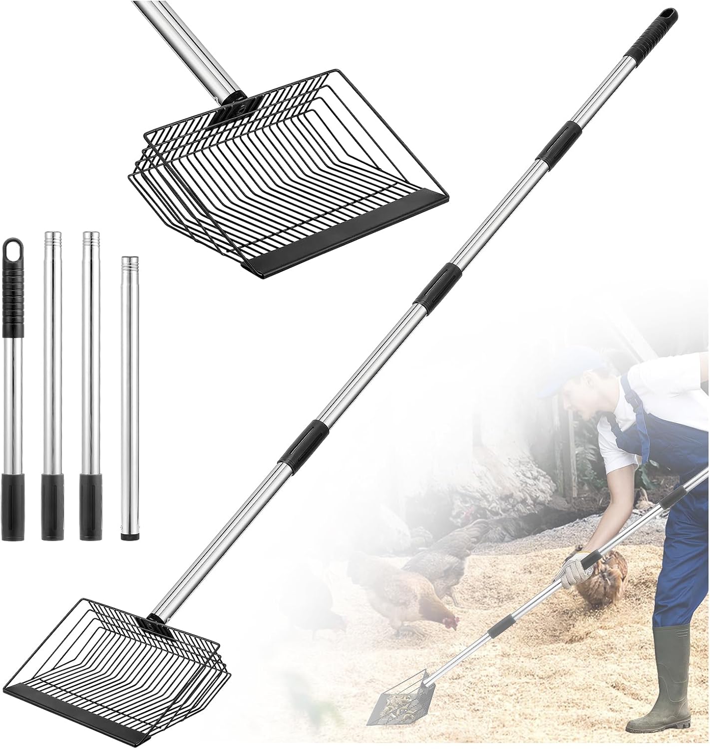 Adjustable Stainless Steel Scooper for Pet Waste & Hay, 3-Length Pole (36"/50"/64") with Tool-Free Connection - Multi-Use Shovel for Chicken Coops, Litter, and Farm Cleaning