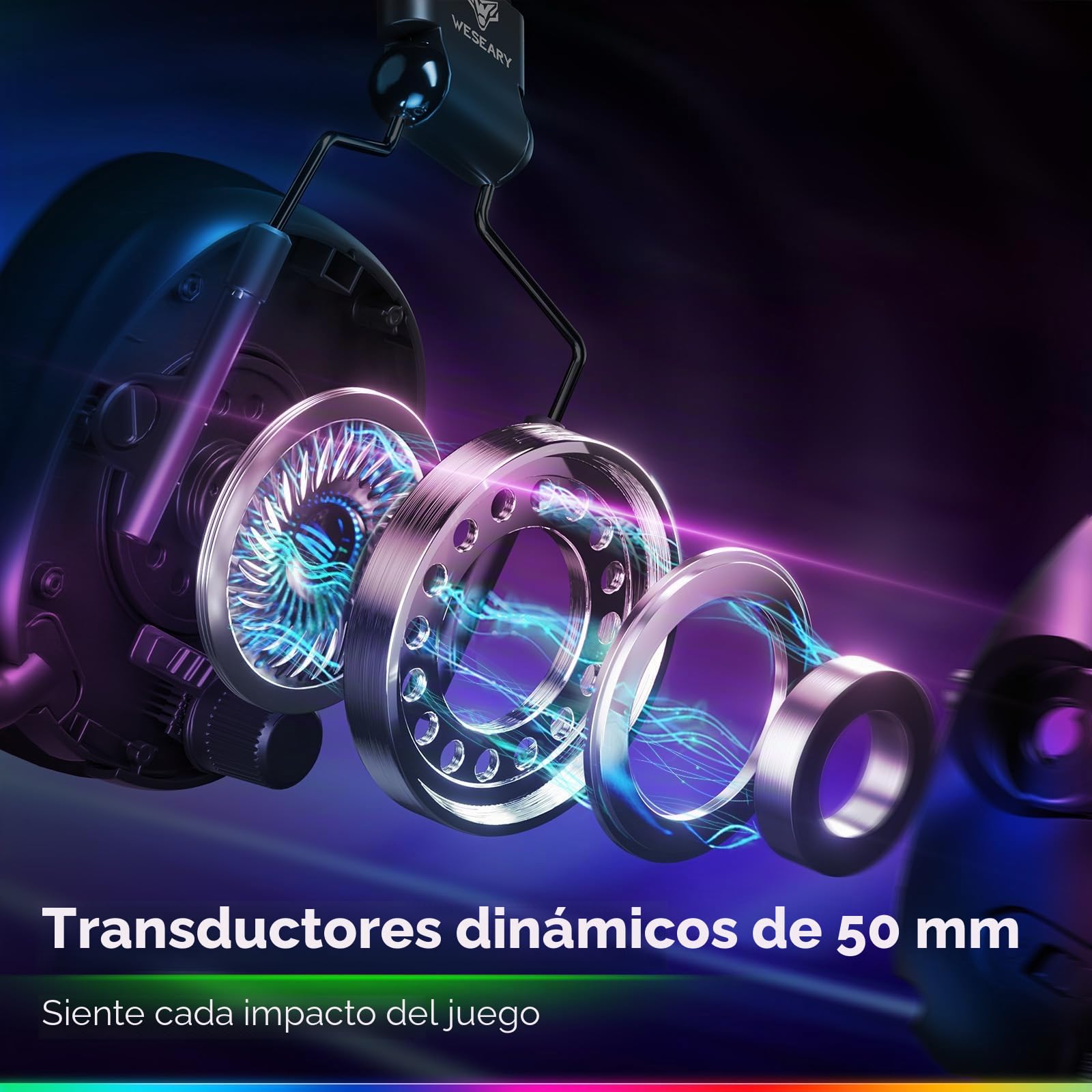 WESEARY WG2 Cascos Gaming Inalambricos, Auriculares Gaming Inalambricos de 2.4G para PS5, PS4, PC, Switch, Sonido Estéreo Auriculares con Microfono, Cascos con Luz LED, Duración 50Hr+