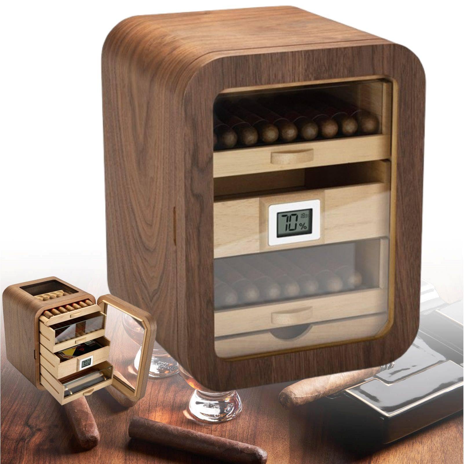 MhWrughts Walnut Wood Storage Box Cigar Humidor Cabinet, 4 Layer Cedar Wood Humidor for 110 Cigars, Digital Hygrometer & Humidifier, Desktop Display for Bars Lounges BlackWalnut-A