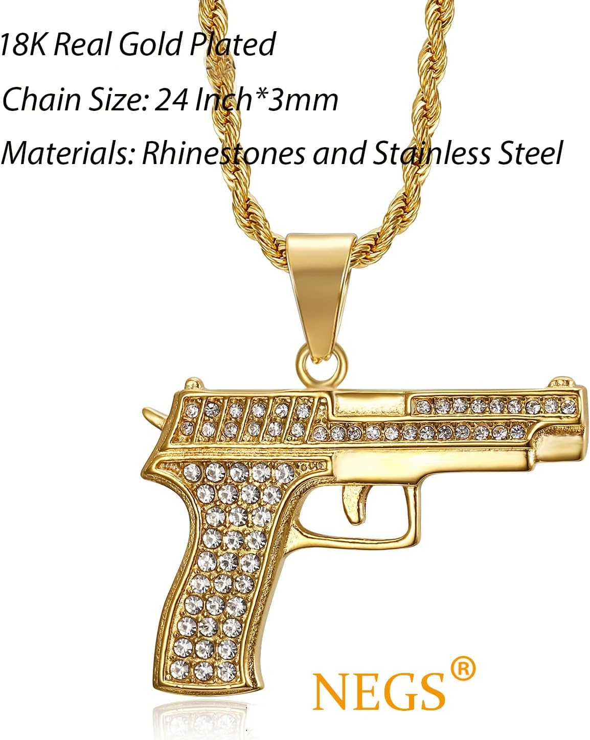NEGS 18K Gold Plated Prayer Hand with Gun Pendant Stainless Steel Rock Necklace for Men Women, 24 Inch Chain Hip Hop Rock Amulet Jewelry Gift - Image 6
