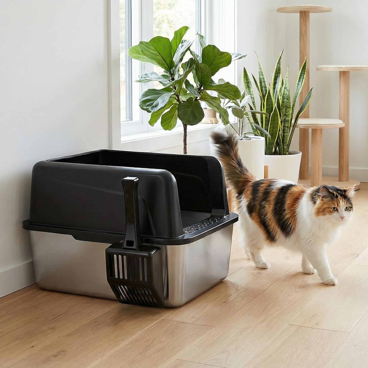 Stainless Steel Cat Litter Box, Metal Kitty Litter Box with Scoop, Anti-Leakage Top Entry, Non-Sticky, Easy to Clean, Grey, (1 Pack)