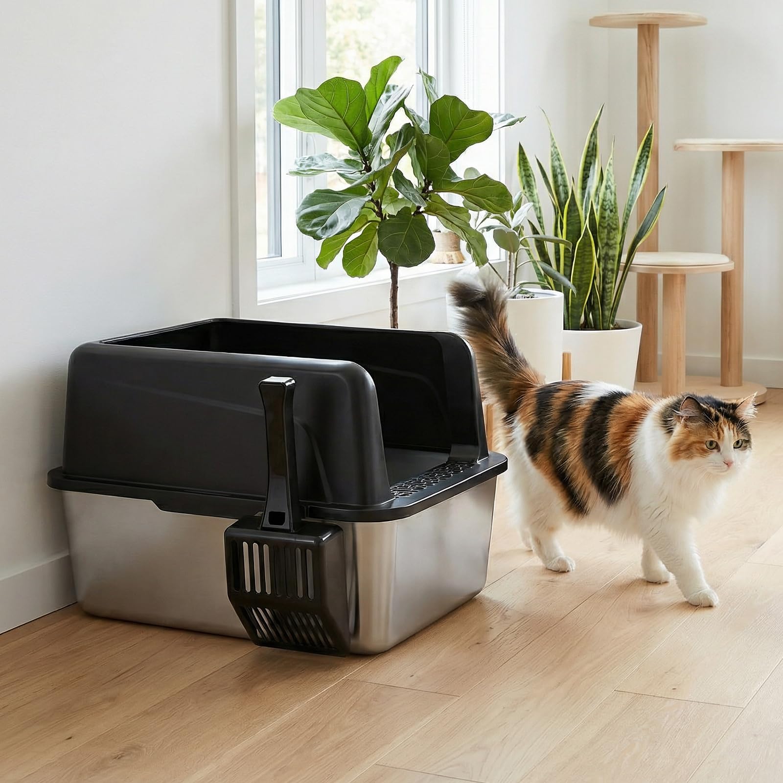 Stainless Steel Cat Litter Box with Lid Wall Sides Enclosure, Non-Sticky, Anti-Leakage, Easy Cleaning, with Metal Scoop, 17inch *11.5inch