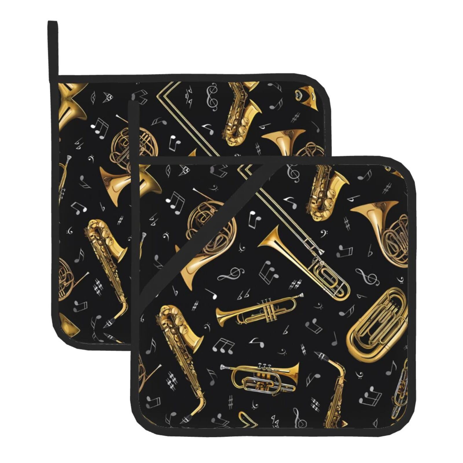 WHJSSF Musical Instruments Prints Square Pot Holders - Heat Resistant Kitchen Trivets 2-Pack - Waterproof Covers for Hot Dishes, Oven & Grill with Hanging Loop