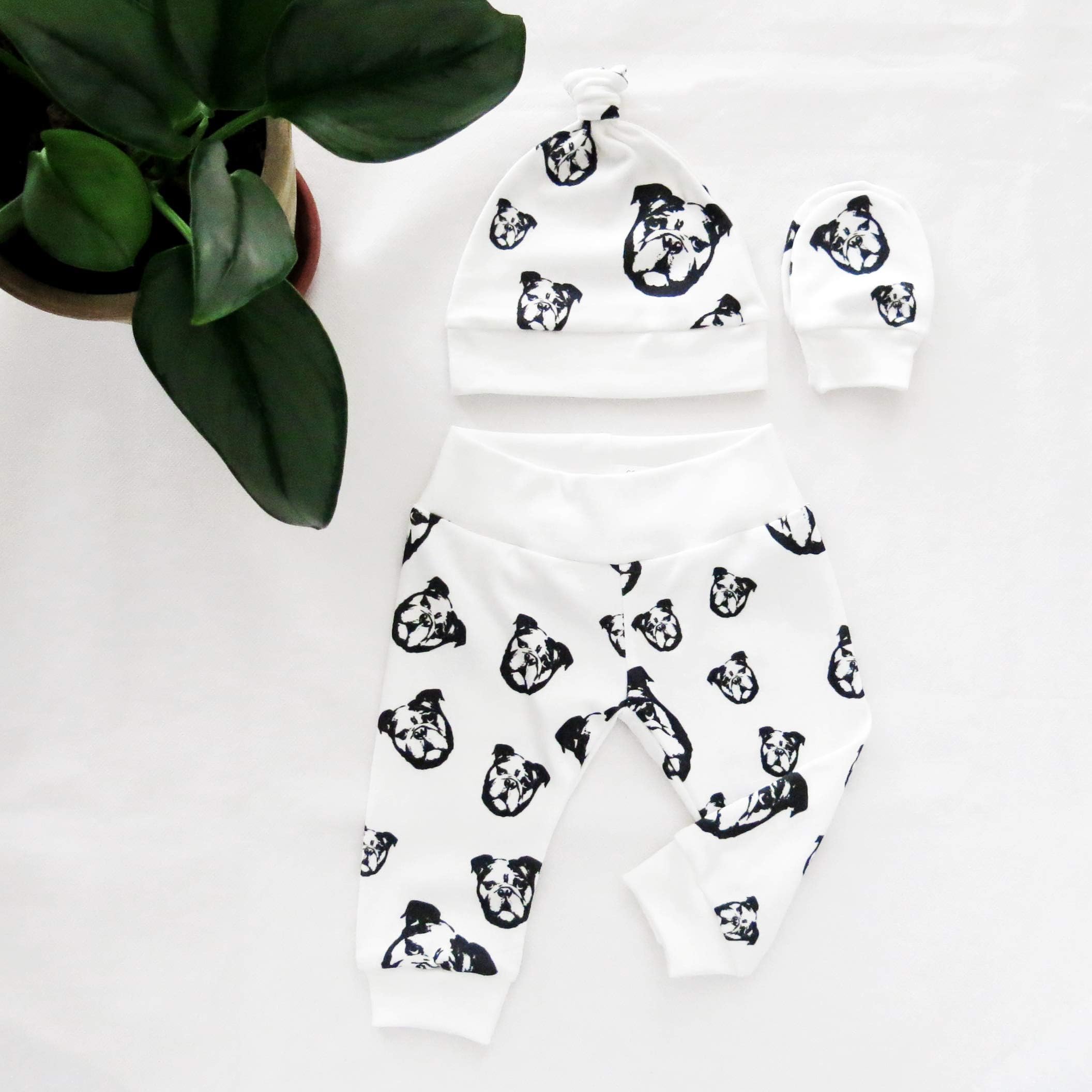 English Bulldog Print Newborn Hat, Mittens And 0-3 M Leggings, Organic Cotton Baby Clothes