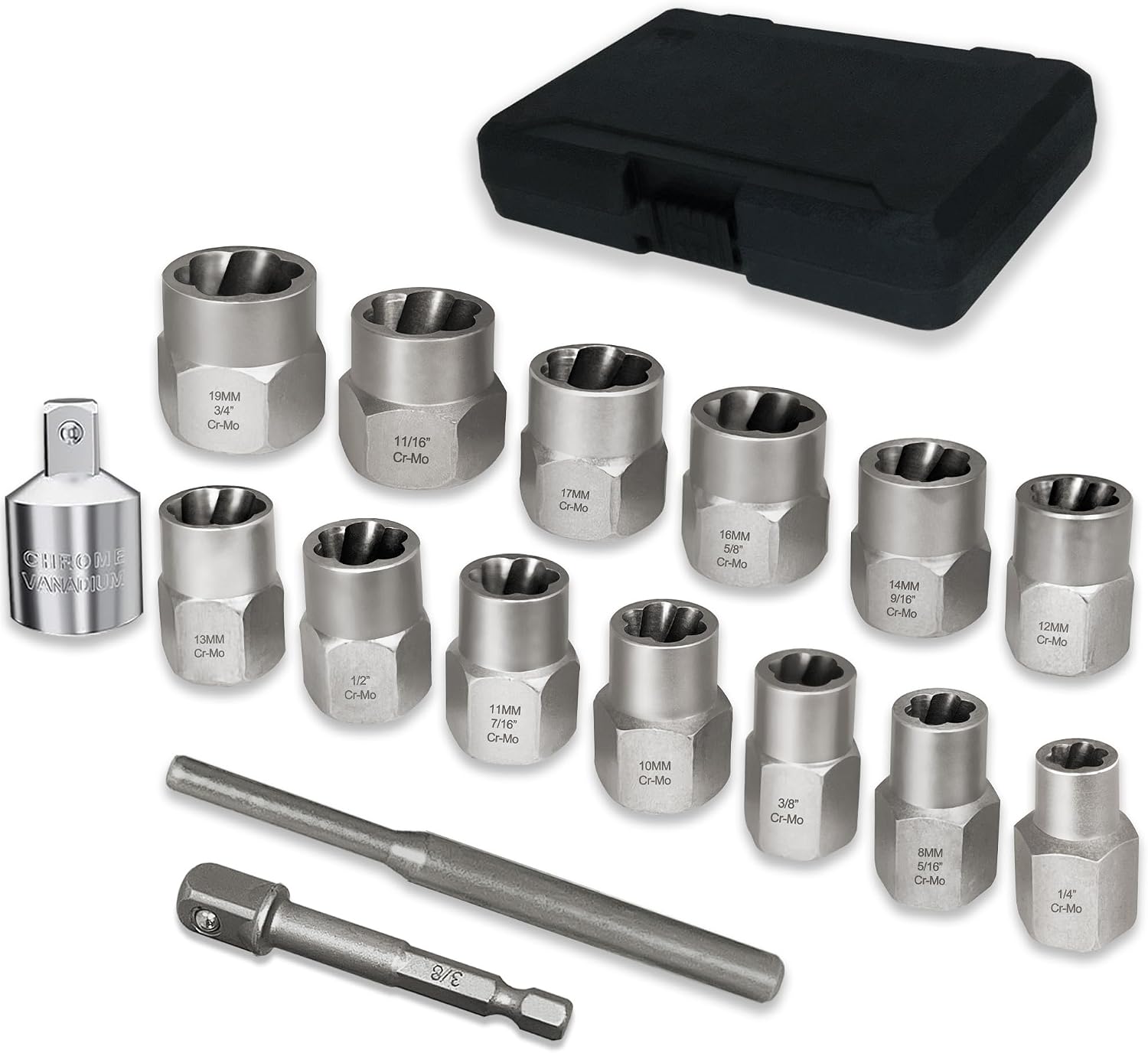 16PCS Bolt Extractor Kit 3/8" Drive Lug Nut Remover Socket Set for Stripped, Damaged Screws, Rounded Bolts and Fasteners (Included 3/8" Hex adapte and 1/2" Adapter)