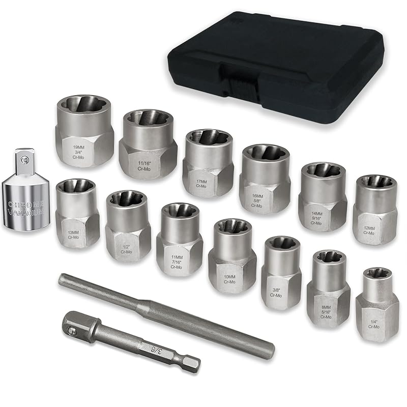 Kit de soquetes extratores de parafusos e porcas danificados, acionamento hexagonal de 9,5 mm (3/8 pol.), aço CR-MO, Vouyar, 16 peças
