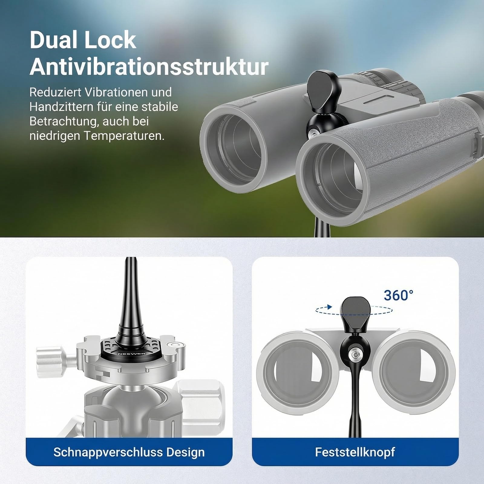 NEEWER Fernglas Stativadapter mit 1/4" Gewinde, Stativ/Einbeinstativhalterung aus Aluminiumlegierung für Ferngläser der Modelle 7x35, 8x42, 10-30x52, 12x25, 12x42, 15x25, 15x52, 20x25,30x60, ST-T05