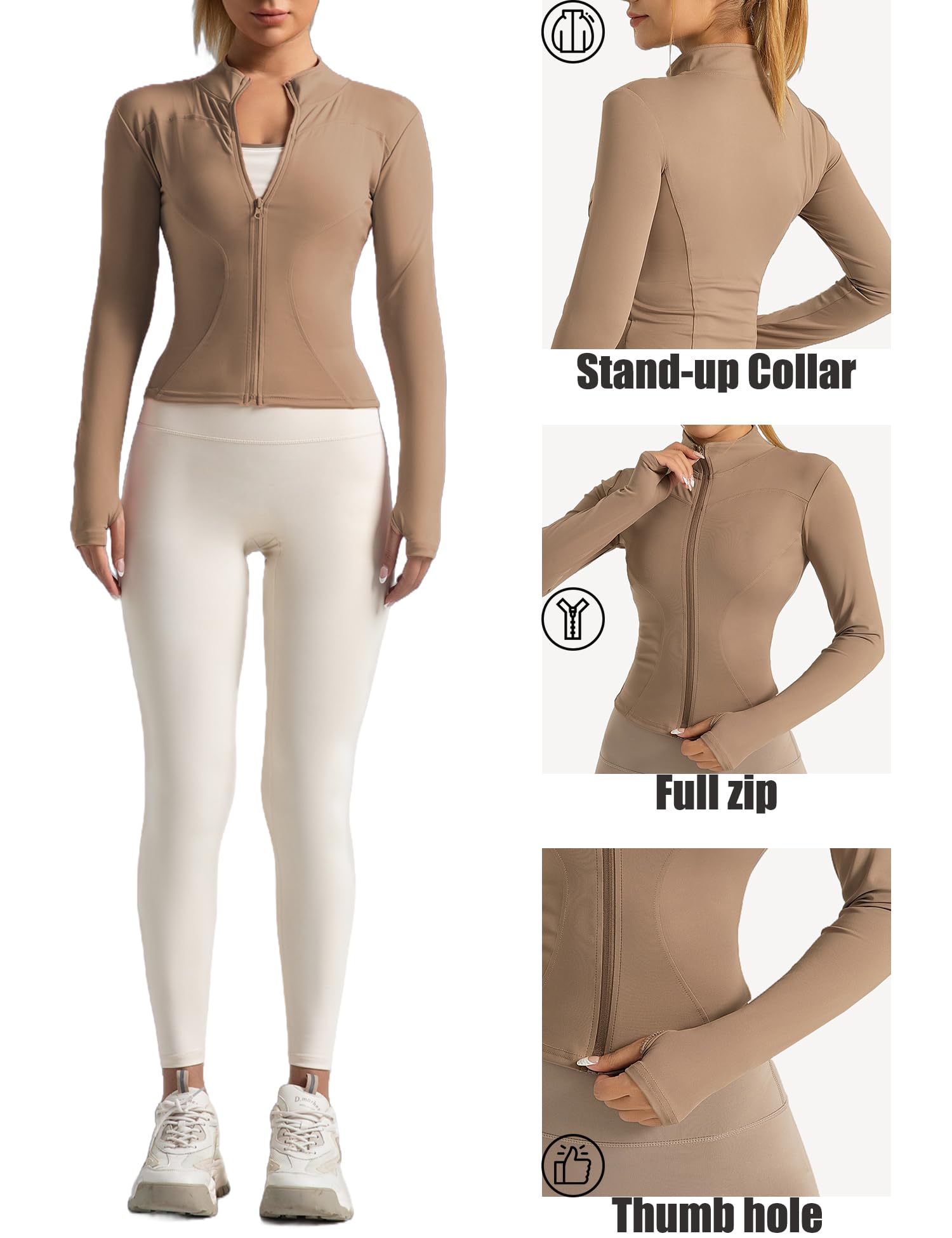 Veste de Sport Femme Léger Veste de Course et Fitness Respirante Avec Trou Pour Le Pouce Haut Zippé pour Yoga, Course à Pied et Gym