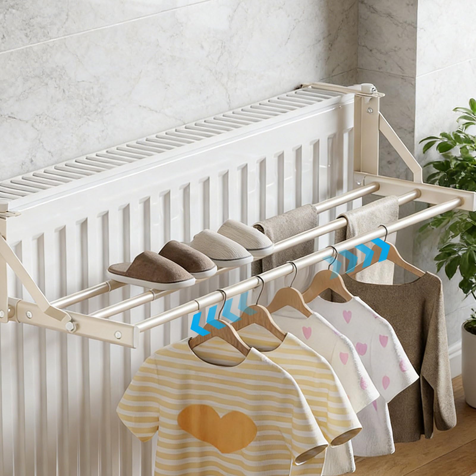Porte-serviettes radiateur, blanc, porte-serviettes chauffant, porte-serviettes pour radiateur sans perçage, étendoir à linge radiateur, sèche-linge, distance murale réglable : 0 à 12,5 cm (D)