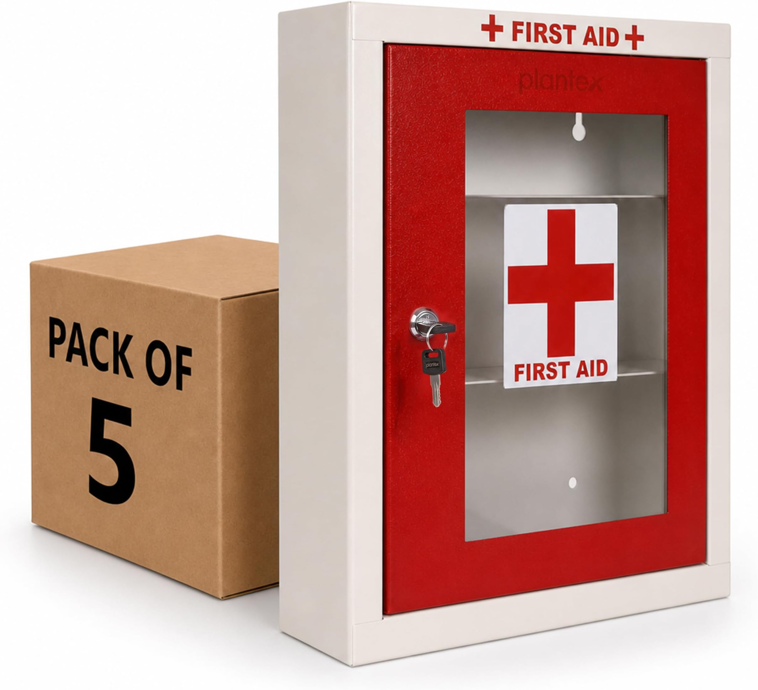 Plantex Metal First Aid Box/Emergency Medical Kit for Medicine Storage/Multi Compartment First Aid Kit Box for Home, School, Office with Key Lock - Pack of 5 - (Red & Ivory)