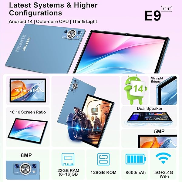 ZIOVO Tablet Android 14, 10 Pulgadas, 22GB RAM + 128GB ROM (1TB TF), Widevine L1 | 8000 mAh | Octa-Core | 2.0 GHz | 5G WiFi | BT 5.0 | 5 +8 MP, Tablet con Teclado y Ratón - Azul - 2