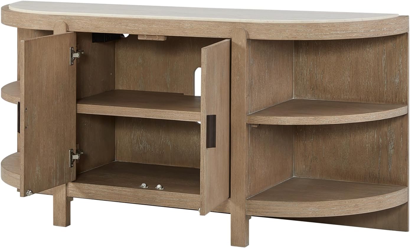 Curved Elegant Console Table with 2 Doors, Marble Top, Open Side Shelves, Concealed Storage for Living Room, Entryway, in Warm Toffee Wood Finish