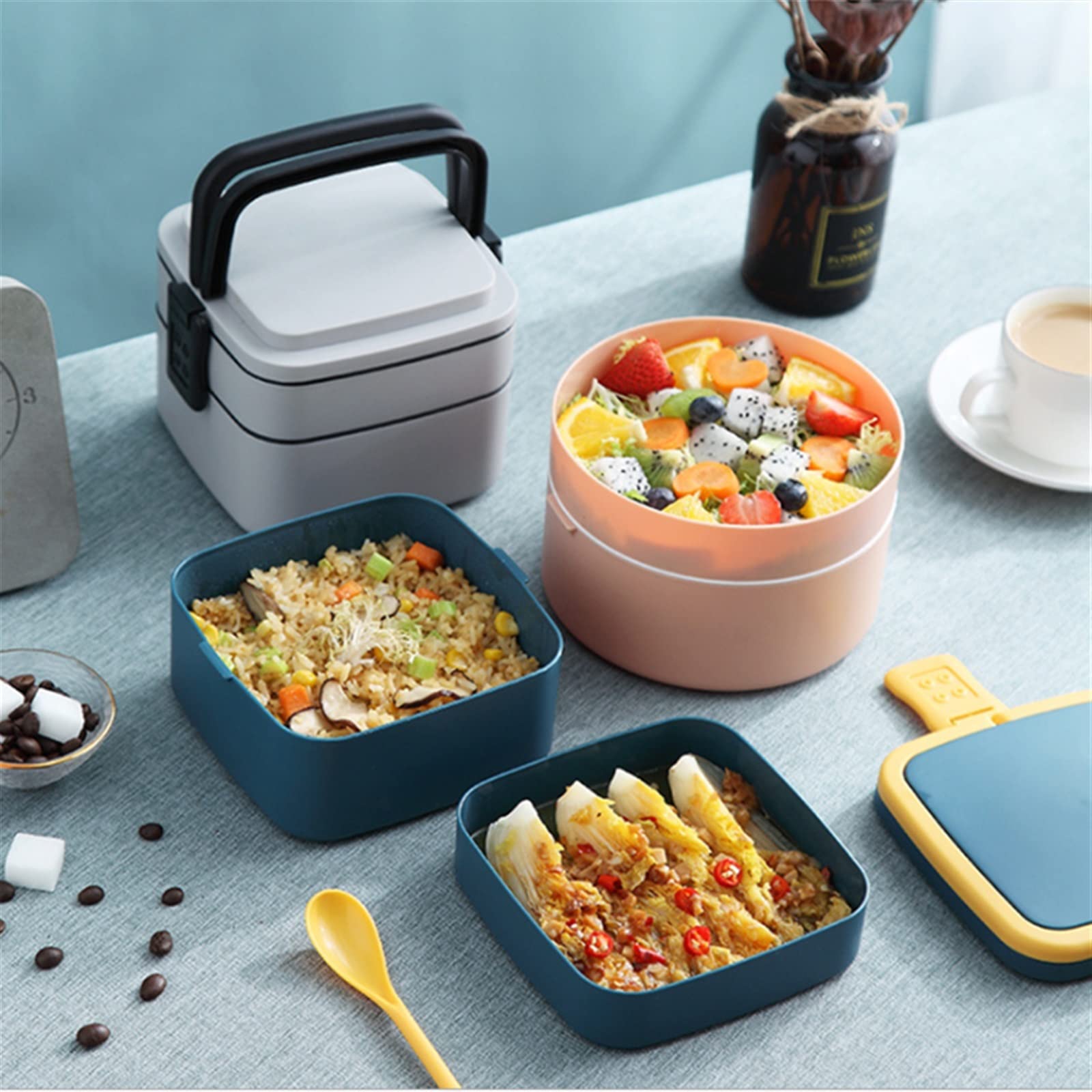 Contenitore per Il Pranzo Portatile a 2 Strati, Contenitore per Alimenti Sano, Forno a microonde, Pranzo con Posate