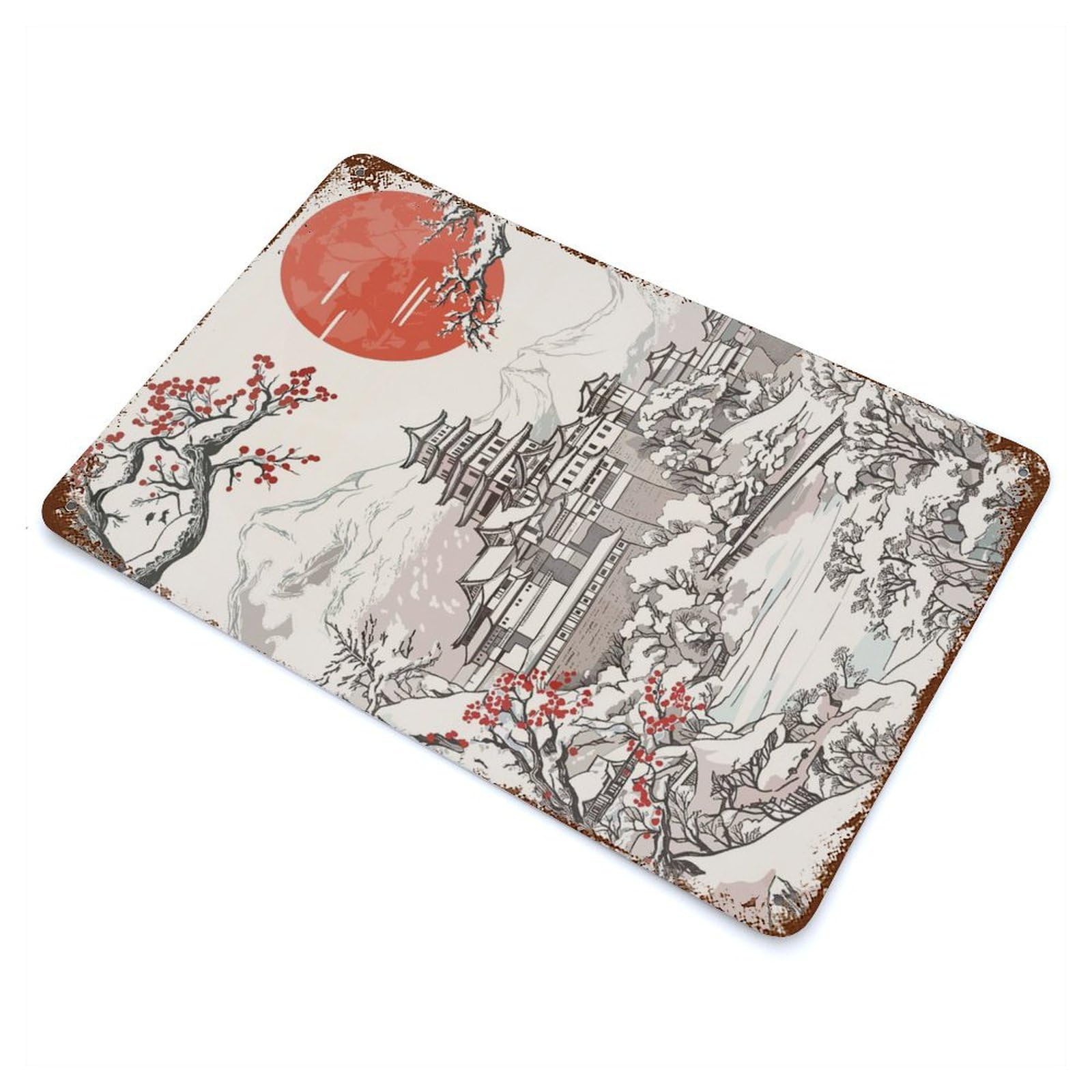 Japanese Castle Winter Landscape Distressed Metal Wall Sign 11.8"x7.9", Rustic Home Decor for Farmhouse, Kitchen And Entryway Decor