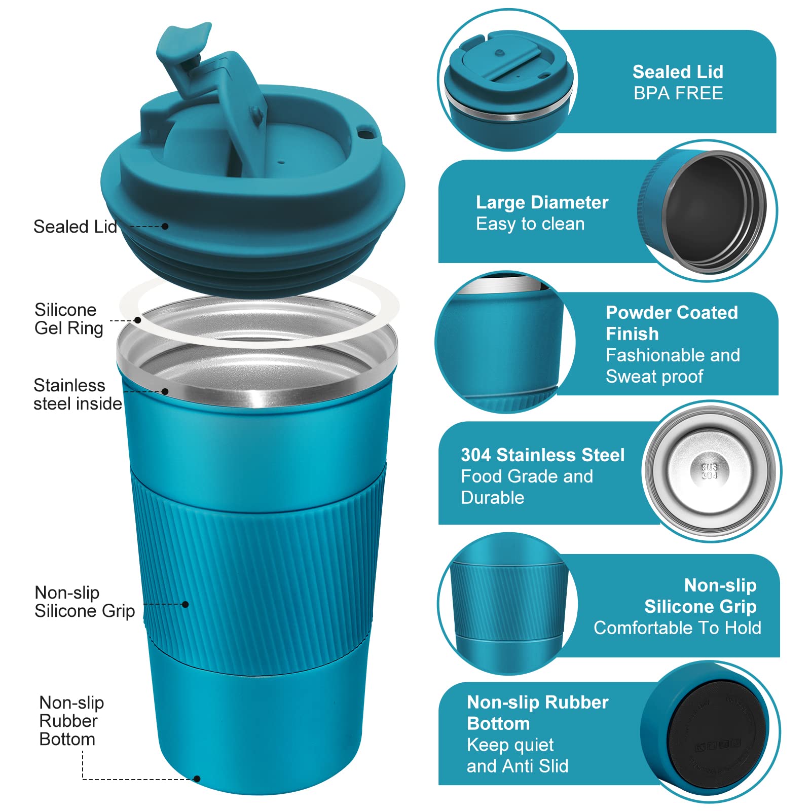 Dycietx Travel Mug with Leakproof Lid, Insulated Reusable Coffee for Hot&Cold Drinks/Tea - Image 3