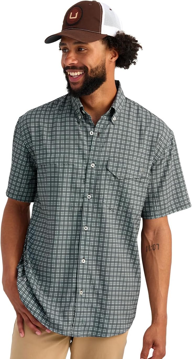 HUK Mens Tide Point Pattern Short Sleeve Shirt, Fishing Button Down