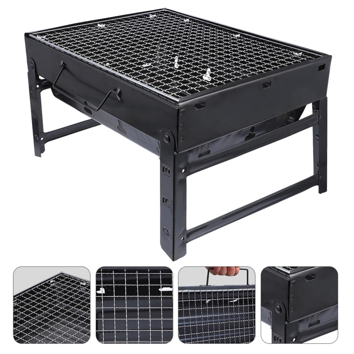 Barbecue Portatile Pieghevole in Metallo Nero per Esterni Struttura Compatta per Campeggio, Picnic e Grigliate All'aperto in Legna o Carbone