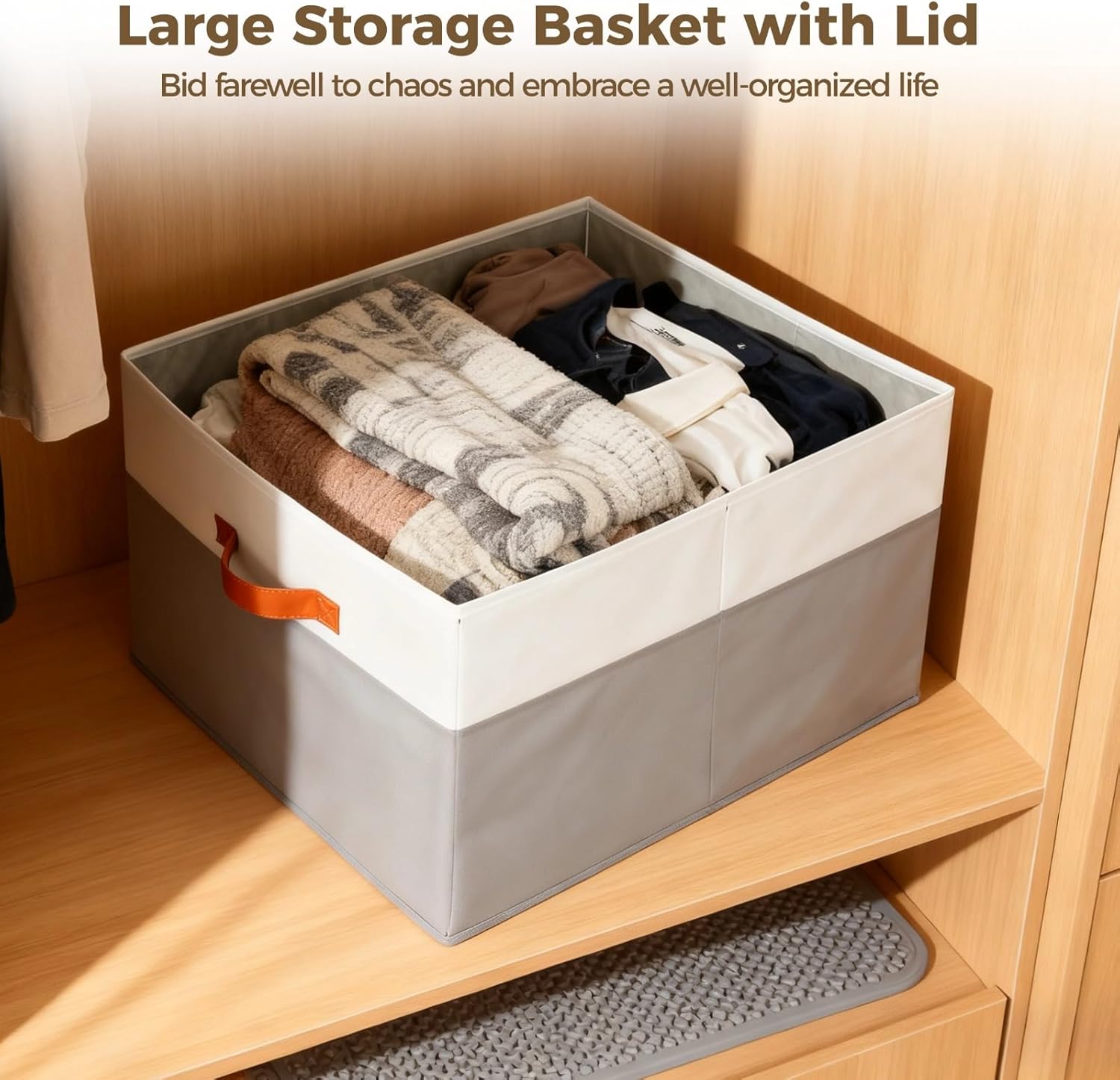 4 PCS EXTRA Large Blanket Storage Baskets with Lids, 22 x 16.7 x 11.8 in Decorative Storage Bins with Double-Open Lid, Fabric Bins with Handles, Stackable Storage Cubes for Shelf Laundry Room Nursery