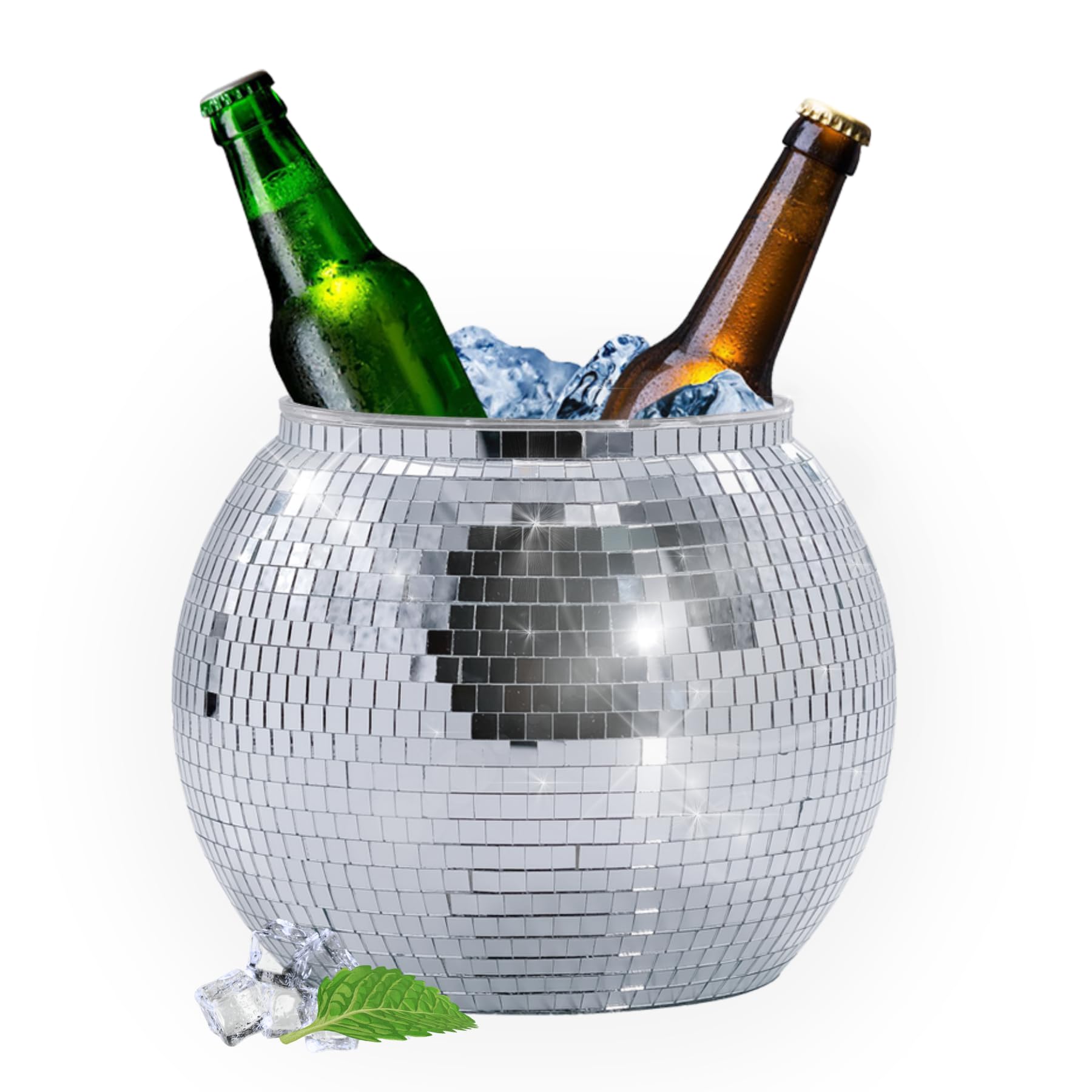 Disco Ball Ice Bucket 8.8Inch - Mirror Silver Disco Ball Decor Beverage Chiller for Cocktail Bar, Party Supplies, Wine, Beer, Champagne Cooler - Disco Party Decorations & Retro Bar Accessories