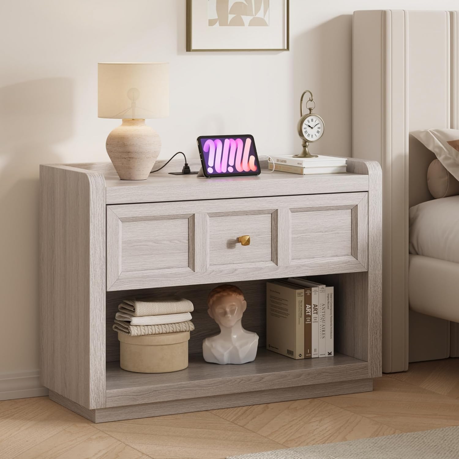 Fynar 31" Nightstands with Charging Station, Oversized King Size Night Stand Bedside Table with Large Drawer, Farmhouse End Table with Round Corners for Bedroom, Grey White Oak