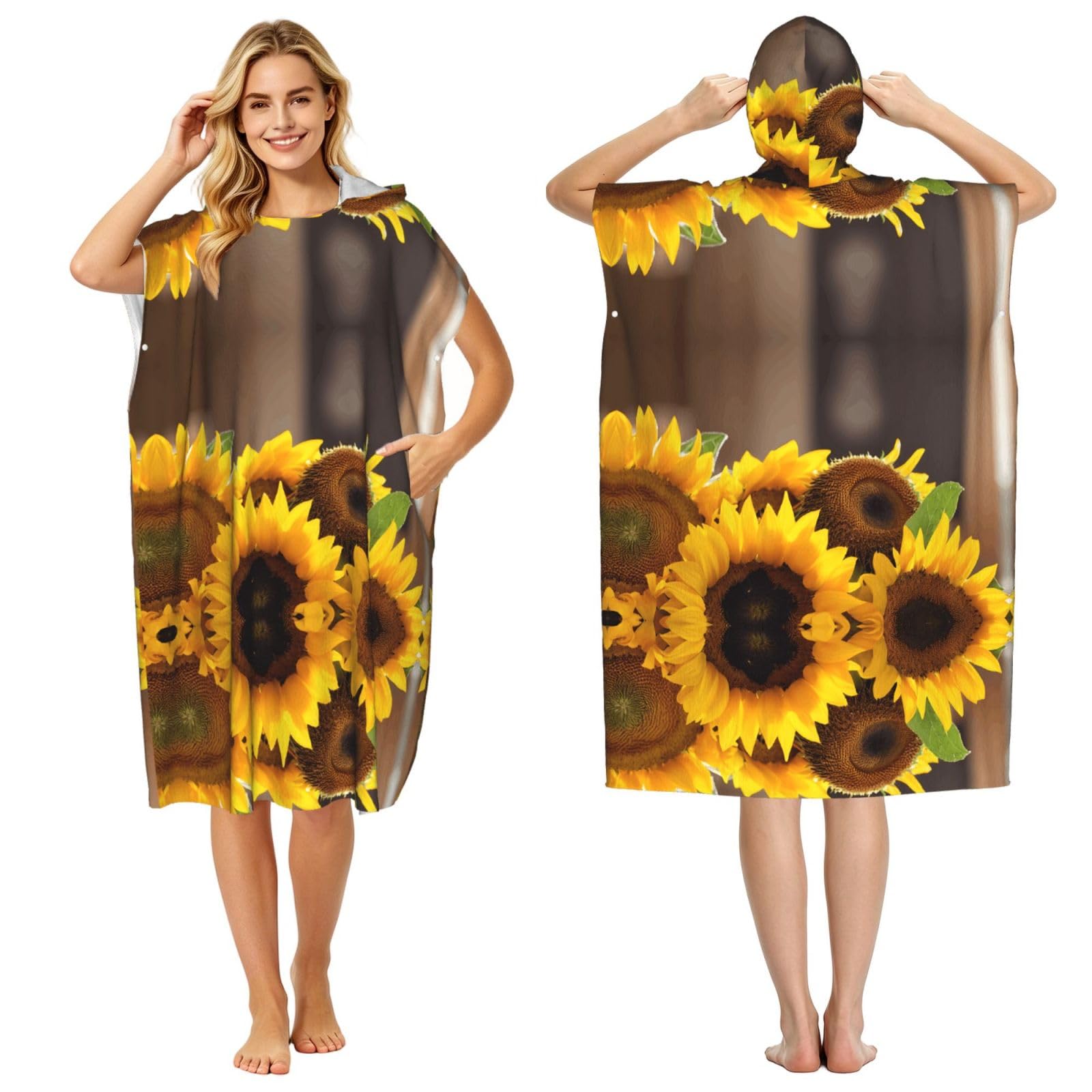Peignoir à capuche imprimé tournesols pour adulte homme et femme