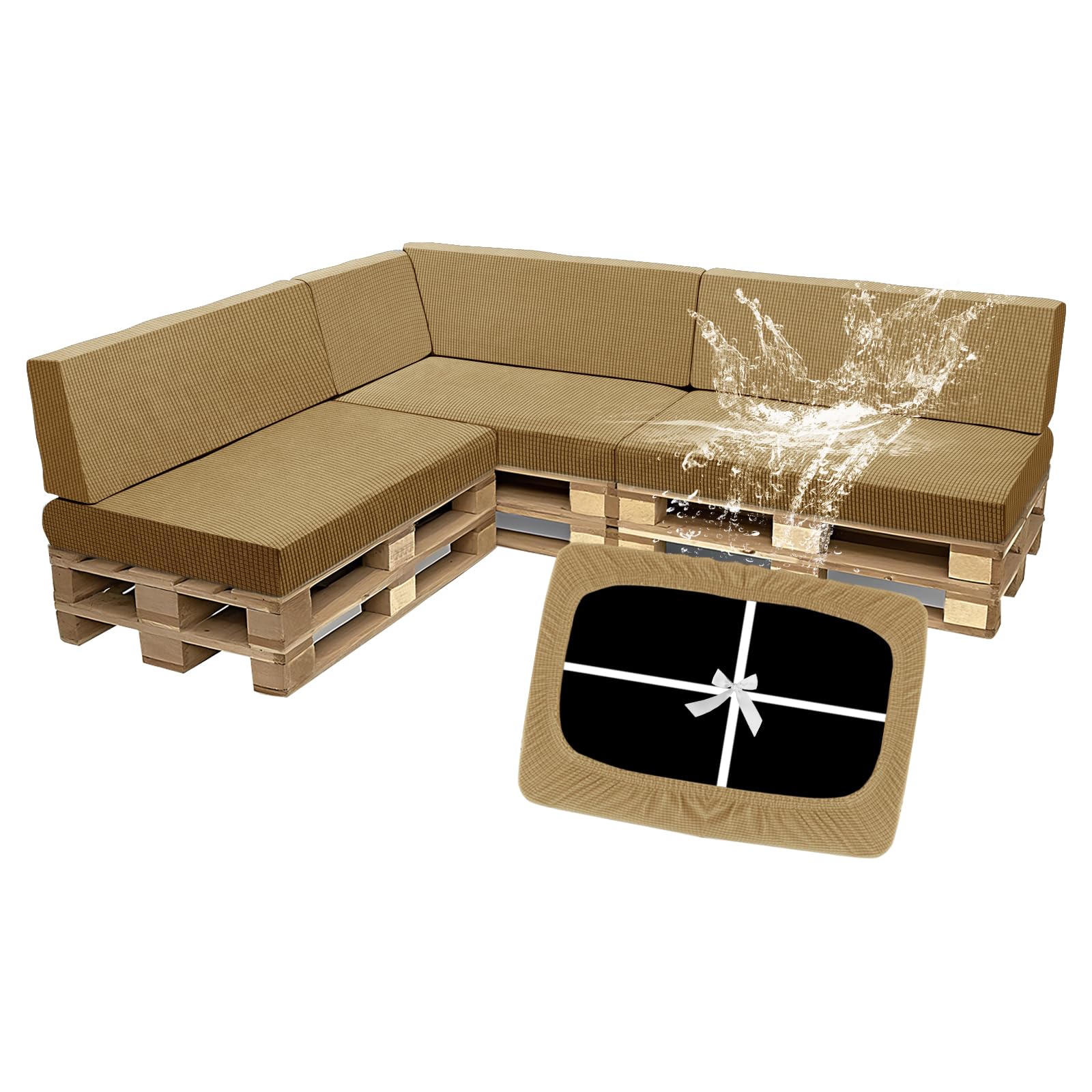 SYLC Waterproof Pallet Cushions Covers, Stretch Cover for Pallet Furniture Cushions with 4 Ties, Outdoor Corner Sofa Covers for Rattan Patio Garden Caravan (Mustard,7 PCS(3 Seats+4 Backs)) โ image 1