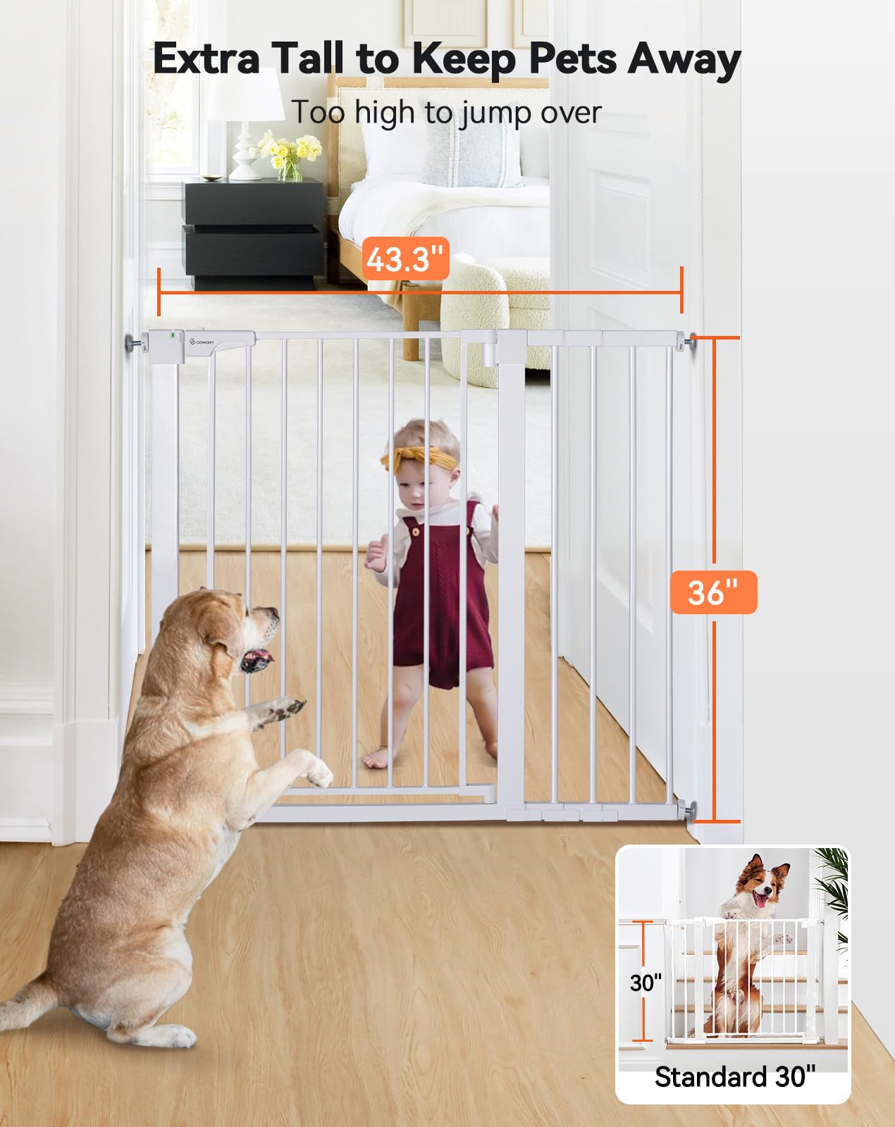COMOMY 91,5cm Cancelletto per cani Extra Alto, per Scale e Porte, 75 a 110cm di Larghezza, Montato a Pressione Cancellino Bambini di Sicurezza Extra Largo a Chiusura Automatica per Casa, Bianco