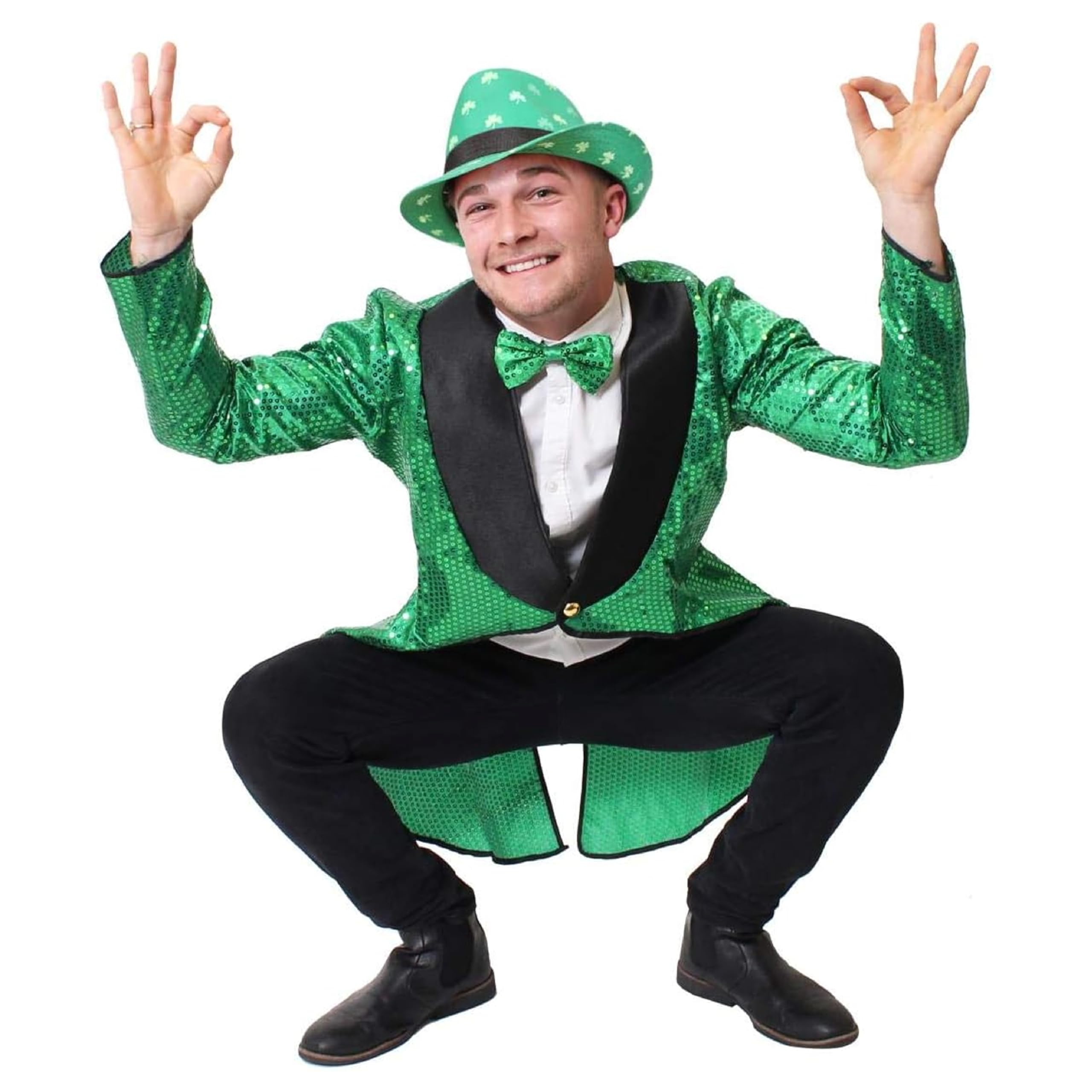 Adults Leprechaun Fancy Dress Costume - Xsmall - St Patricks Day Fancy Dress - Green Sequin Tailcoat, Green Shamrock Trilby and Green Bow Tie