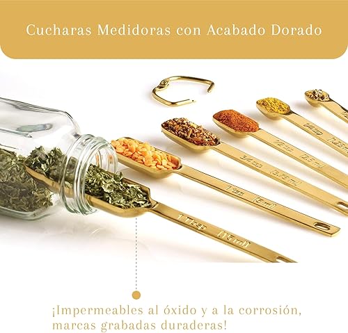 Miniatura 4 de Juego de 7 cucharas medidoras doradas de 2lbDepot, incluye nivelador adicional, para hornearcocinar, cucharaditas de acero inoxidable de alta