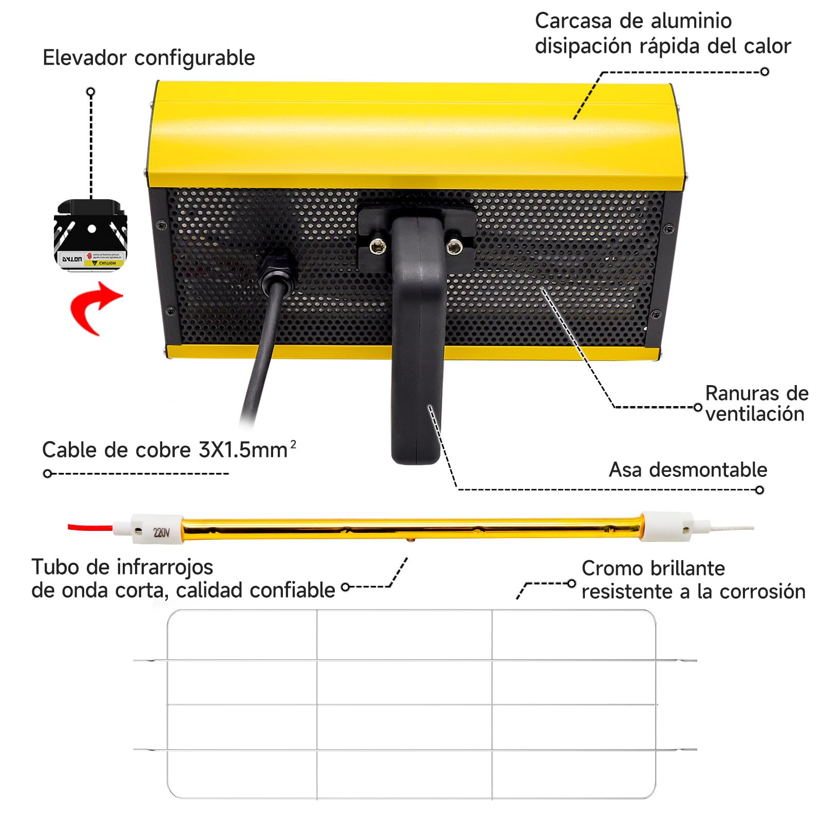 DATOUBOSS Lámpara de Curado Pintura Infrarrojos 2000W 230V Secador Infrarrojos Pintura Portátil para Reparación de Carrocería y Trabajos de Pintura Automotriz (350×400 mm)