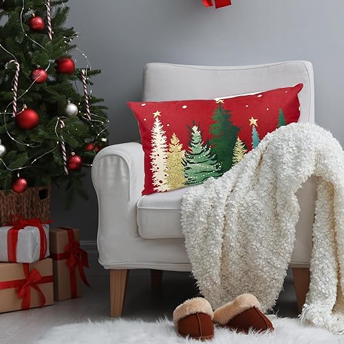 Miniatura 4 de QIANHED Funda de almohada roja con texto en inglés "Merry Christmas", 12 x 20 pulgadas, diseño de árboles de Navidad, copos de nieve, decoración de