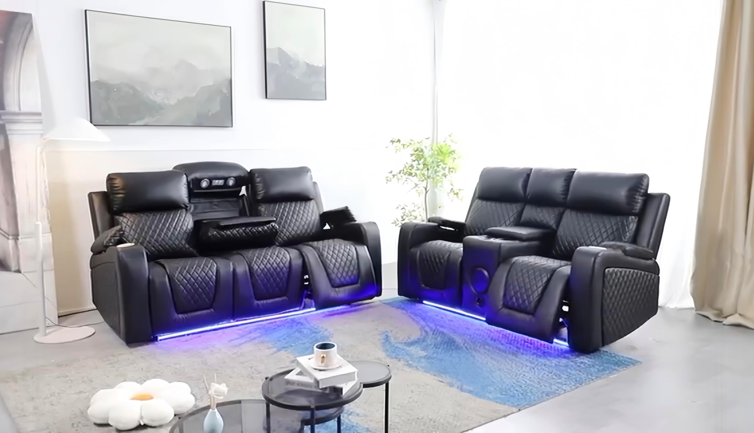 Florida Leather Electric Recliner Sofa Set with Cupholders, LED Lights, Wireless Charging, Bluetooth Speakers, and USB Ports โ 3+2 Seater (Black)