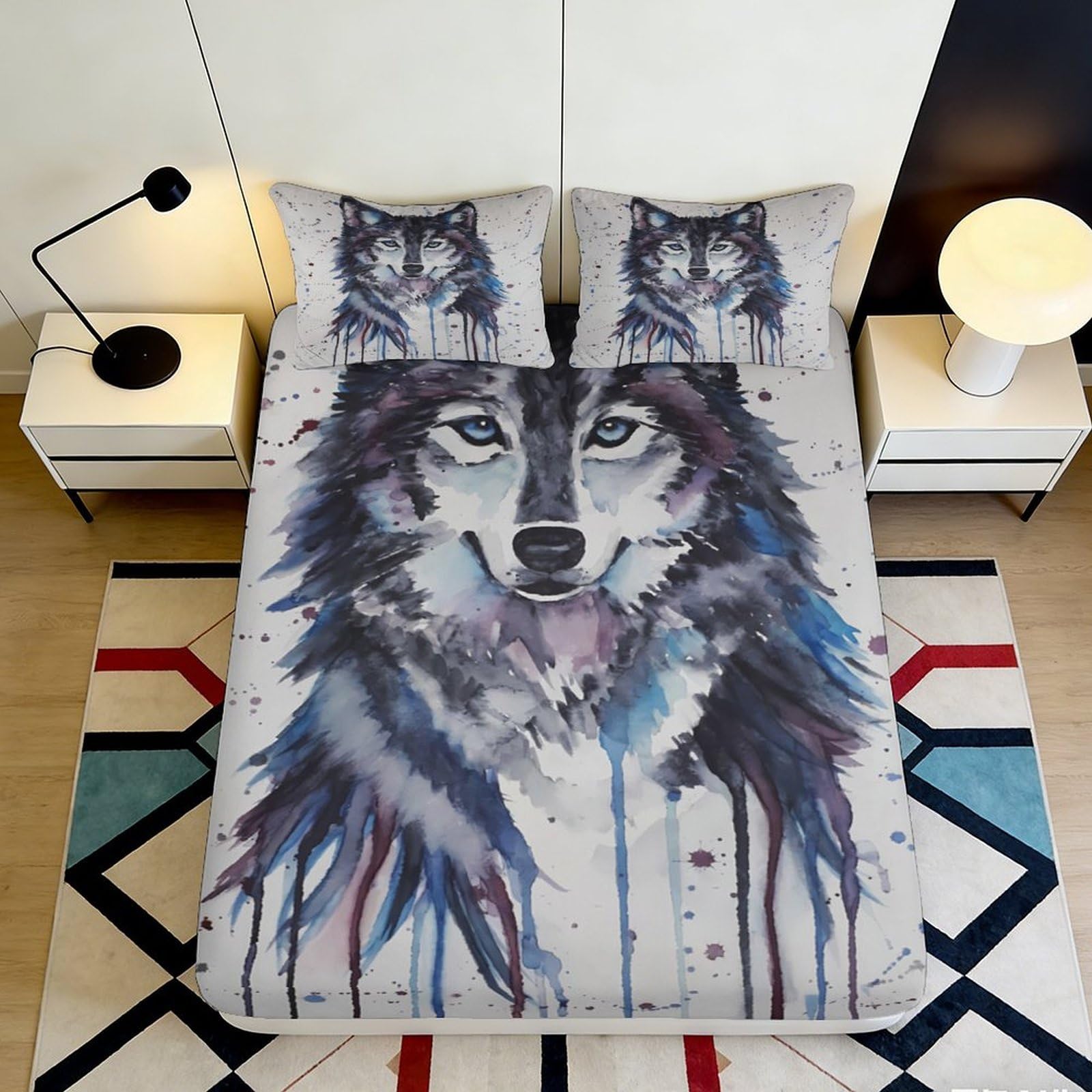 3D Printed Watercolor Wolf Fitted Sheet Microfiber Anti-Slip Mattress Cover for Bedroom Dorm Decor, Washable 90x200x25cm