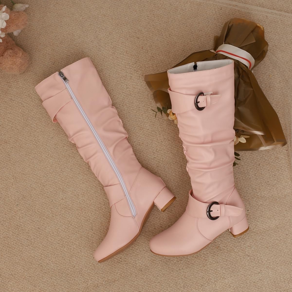 Knee High Slouchy Boots For Womens Round Toe Zipper Buckle Low Heels Tall Long Wide Calf Dressy Boot