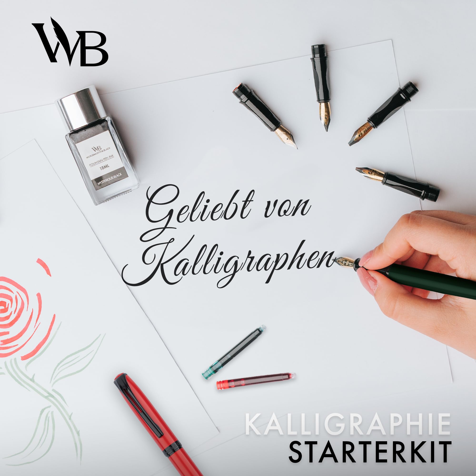 Wordsworth & Black Kalligraphie Set Anfänger, 2 Stifte, 5 Federn, Grün