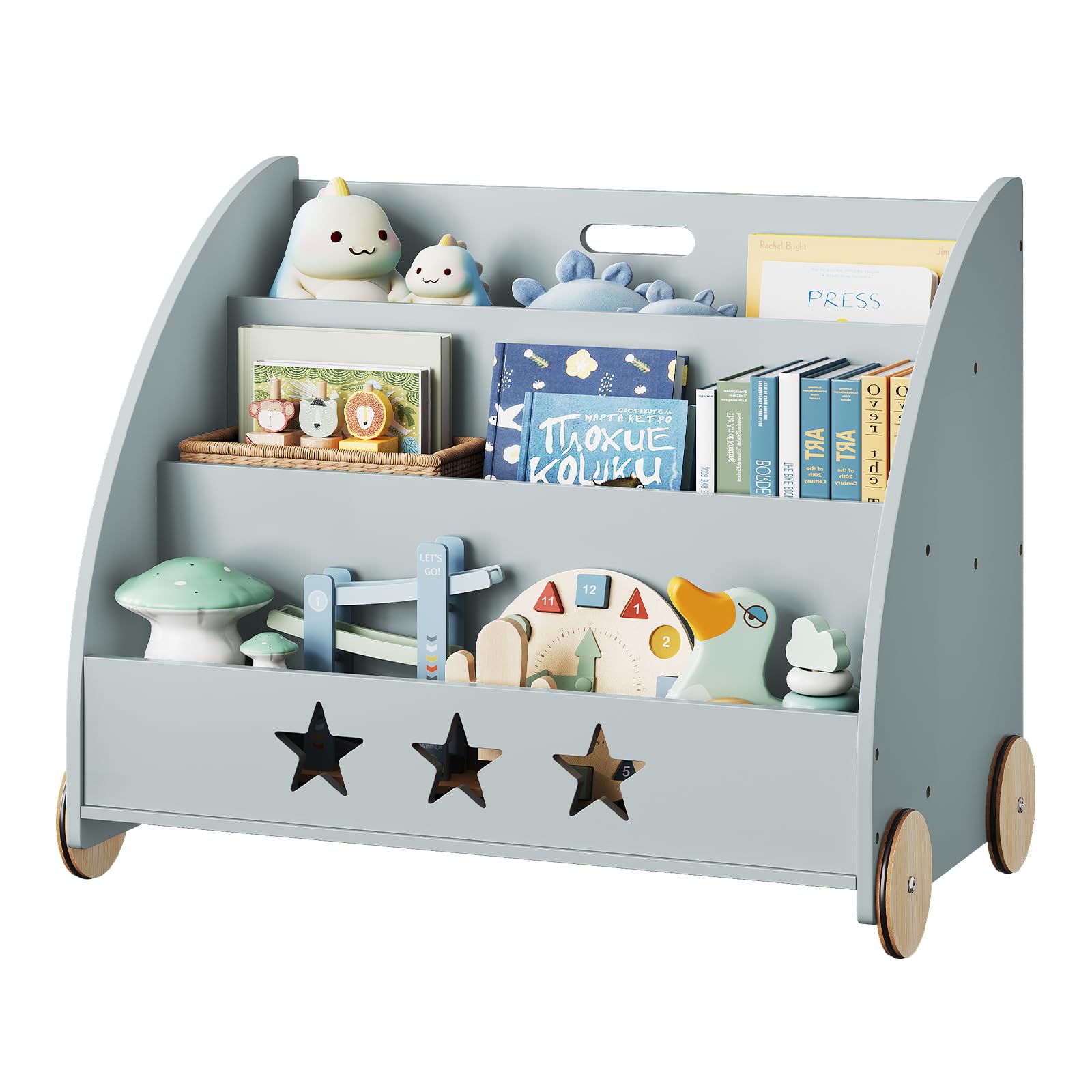 WOLTU Estantería para Niños con 4 Ruedas y 3 Estantes Pequeños, Librero Infantil para Habitación Organizador Multiusos, Estante de Mini Libreria Gris Maderam