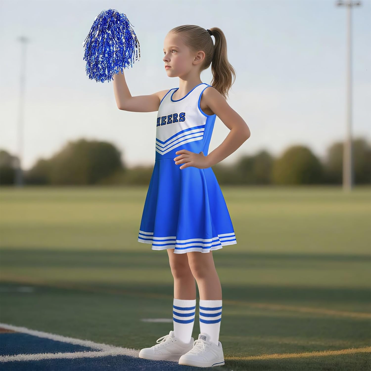 Cheerleader Costume for Girls -Cheerleader outfit for Kids Cheerleading Dress with Pom Poms for Halloween 3-12 Years - Image 5