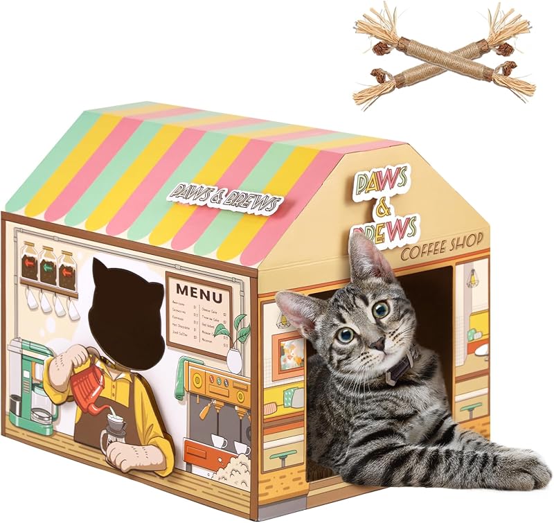 Casa de Papelão para Gatos SEKAM com Arranhador, Catnip e Bastões de Silvervine – 41,91 x 30,48 x 34,29 cm
