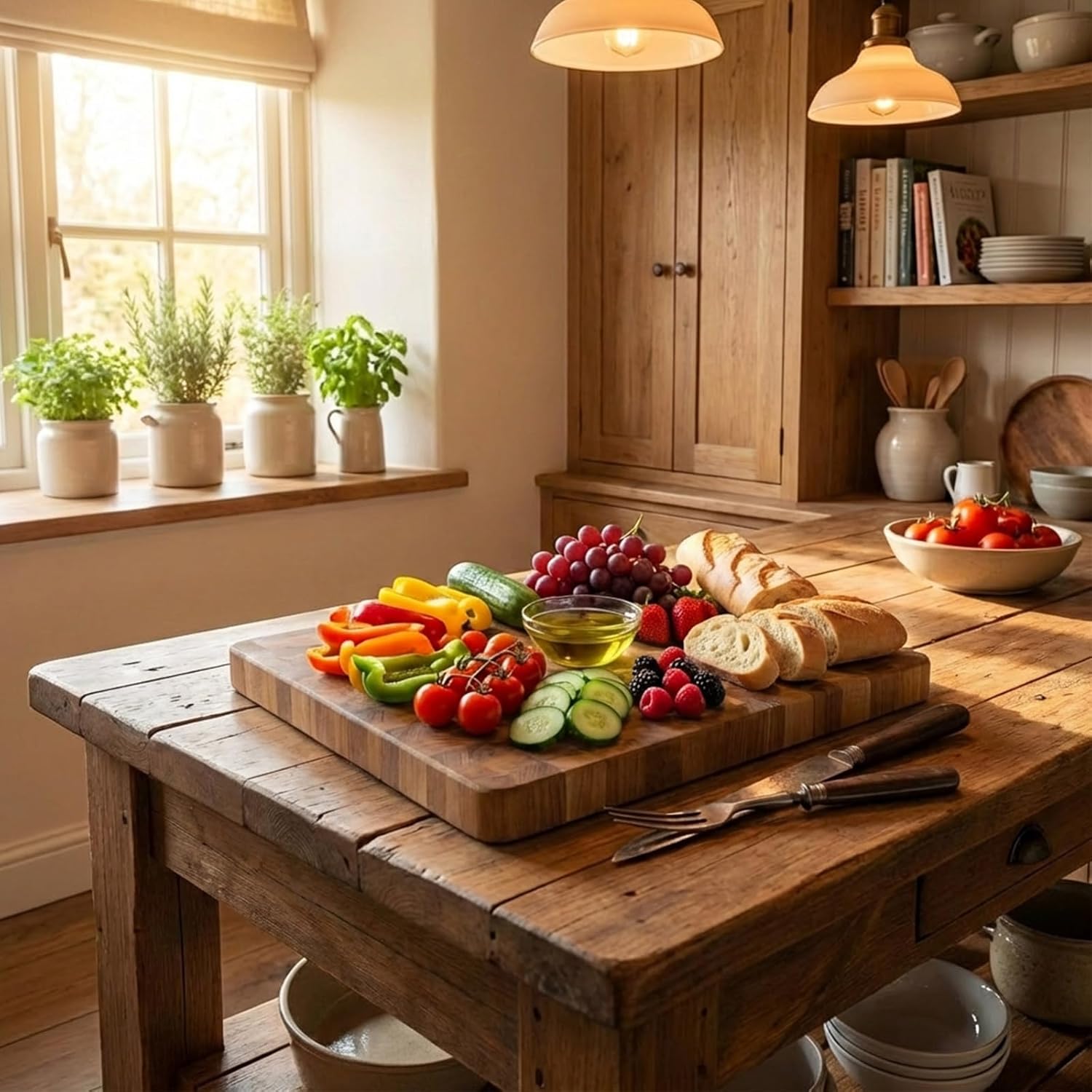 Premium 3-Piece End-Grain Cutting Board Set, Wooden Cutting Boards for Kitchen, Reversible Chopping Board, Built-In Handles, Knife-Friendly,Durable Butcher Block for Kitchen Prep & Charcuterie Serving