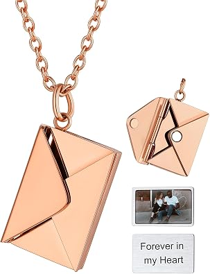 ChainsHouse Personalized Locket Necklace, Custom Envelope Necklaces with Photo Message Engraved for Women, Stainless Steel/Black/Gold/Rose Gold Plated Memorial Gift for Wife with Gift Box