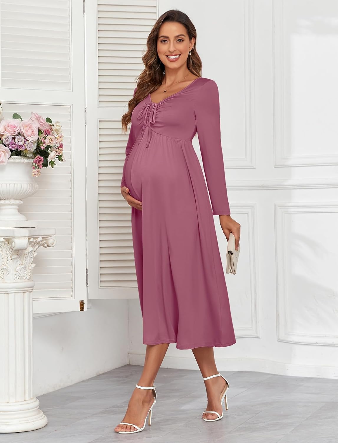 Maternity Tie Front Dress A Line Long Sleeve V Neck Flowy Pregnancy Maxi Dresses for Baby Shower Casual 2025 Fall - Image 5