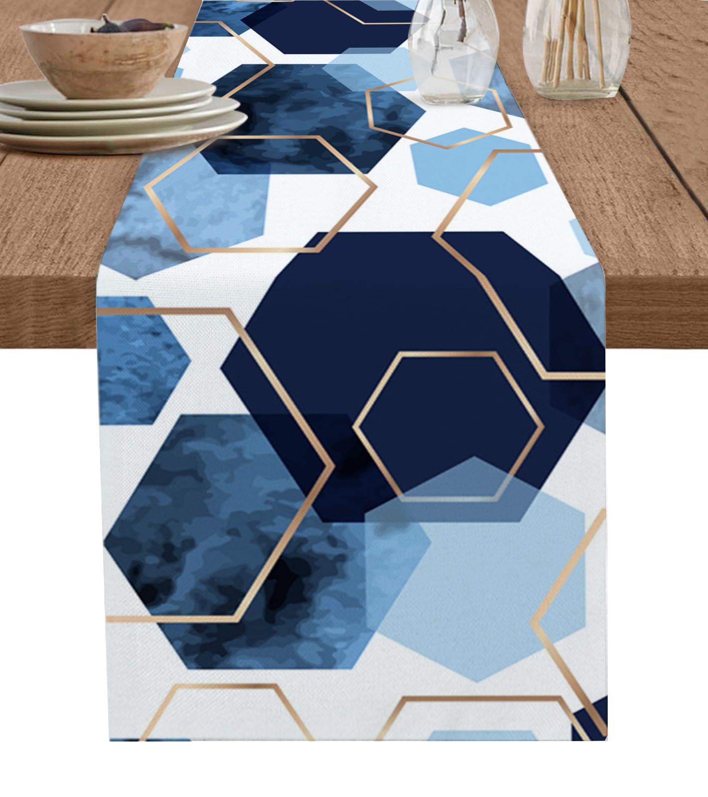OnekaccuModern Geometric Navy Blue Table Runner 60 Inches Long for Dining Table, Farmhouse Table Runner Washable Dresser Scarf for Coffee Table Kitchen Party Holiday Abstract Gold Lines Nordic Art