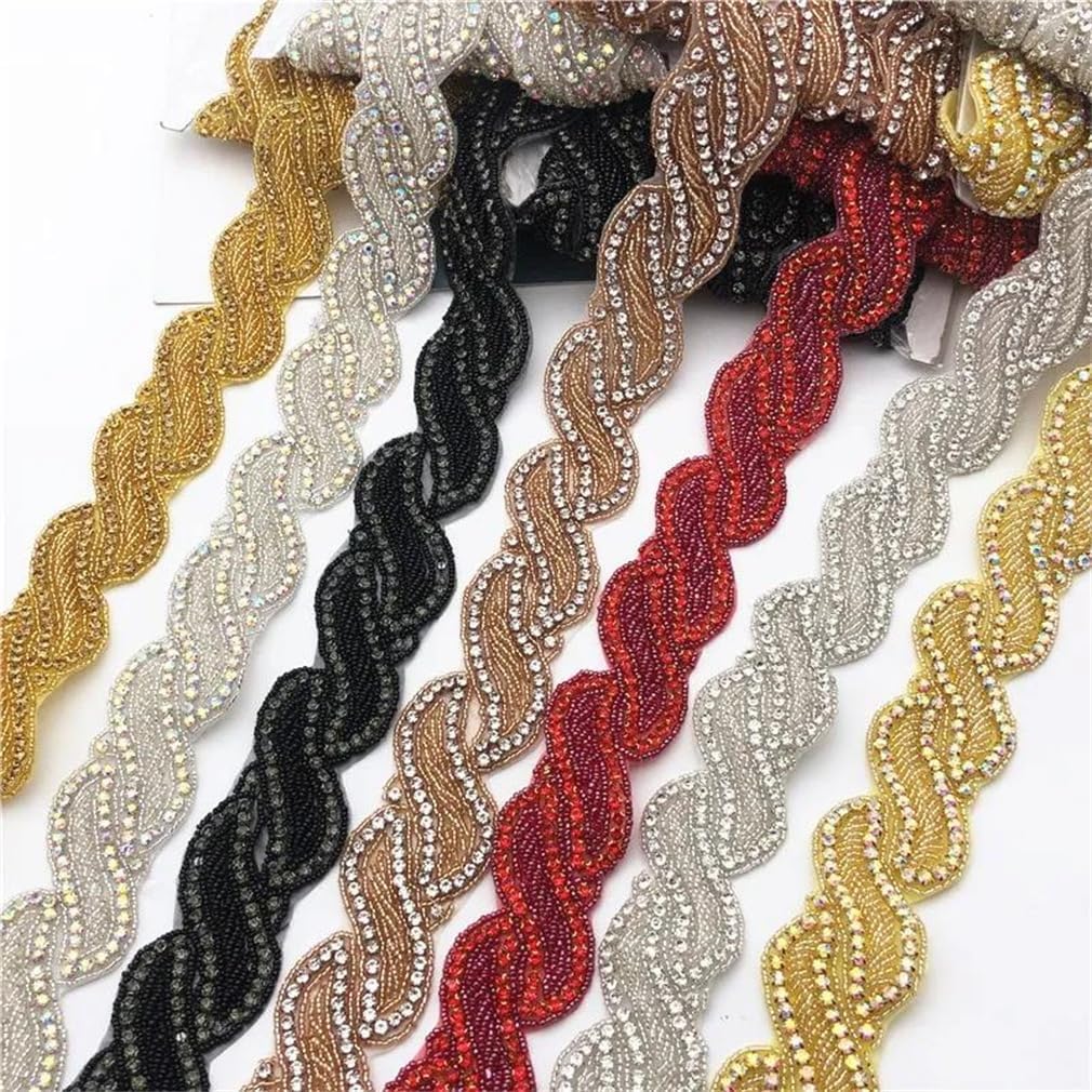 Generic 5Yards Bridal Beaded Rhinestone Applique Trim Gold Crystals Patches Iron On for Wedding Dresses Belt