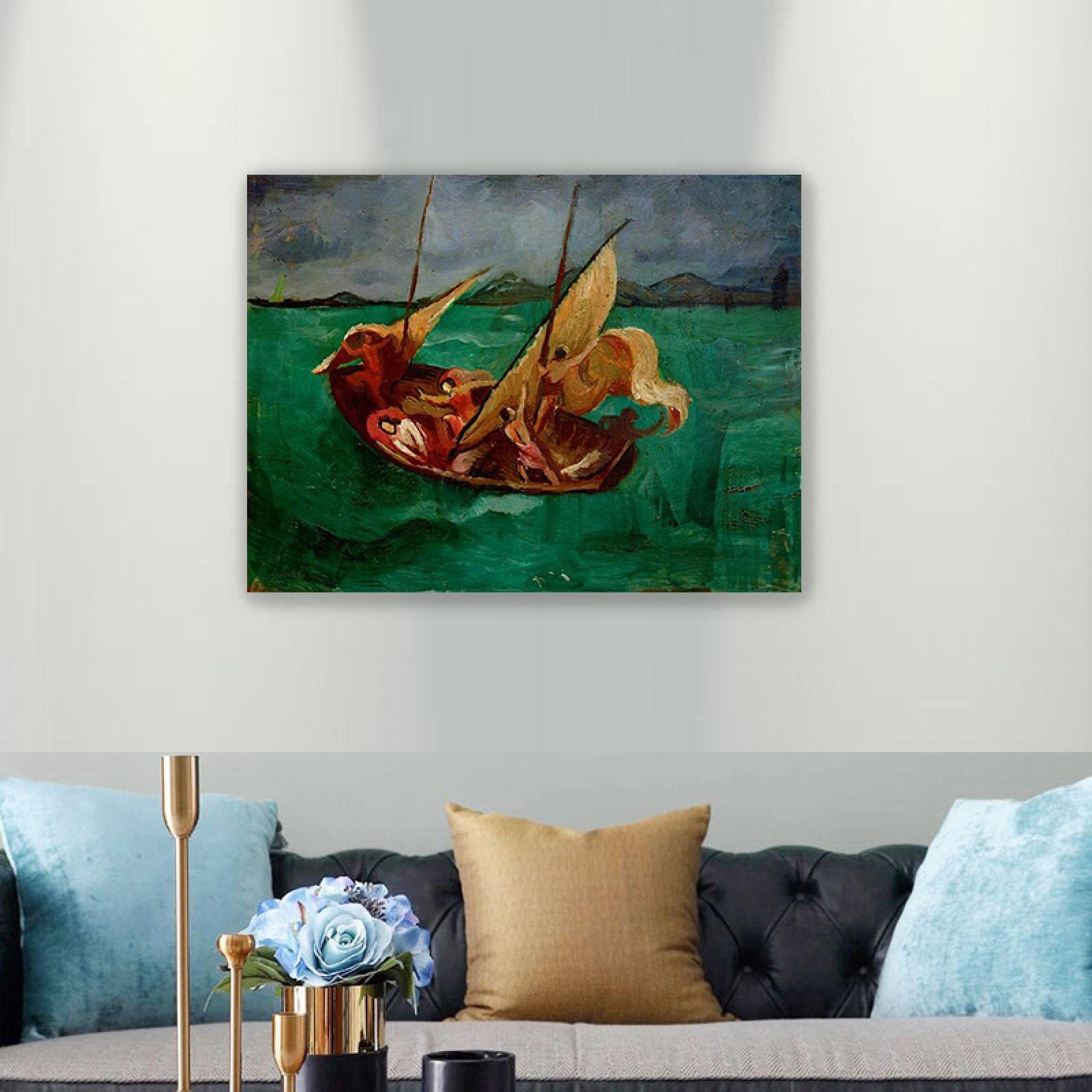 JZSDGB Oprawiony. Słynny obraz – 'Jesus in the Boat' autorstwa August Macke, abstrakcyjne płótno, sztuka ścienna, reprodukcja na płótnie, nowoczesny obraz, plakat do dekoracji domu, 30 x 42 cm
