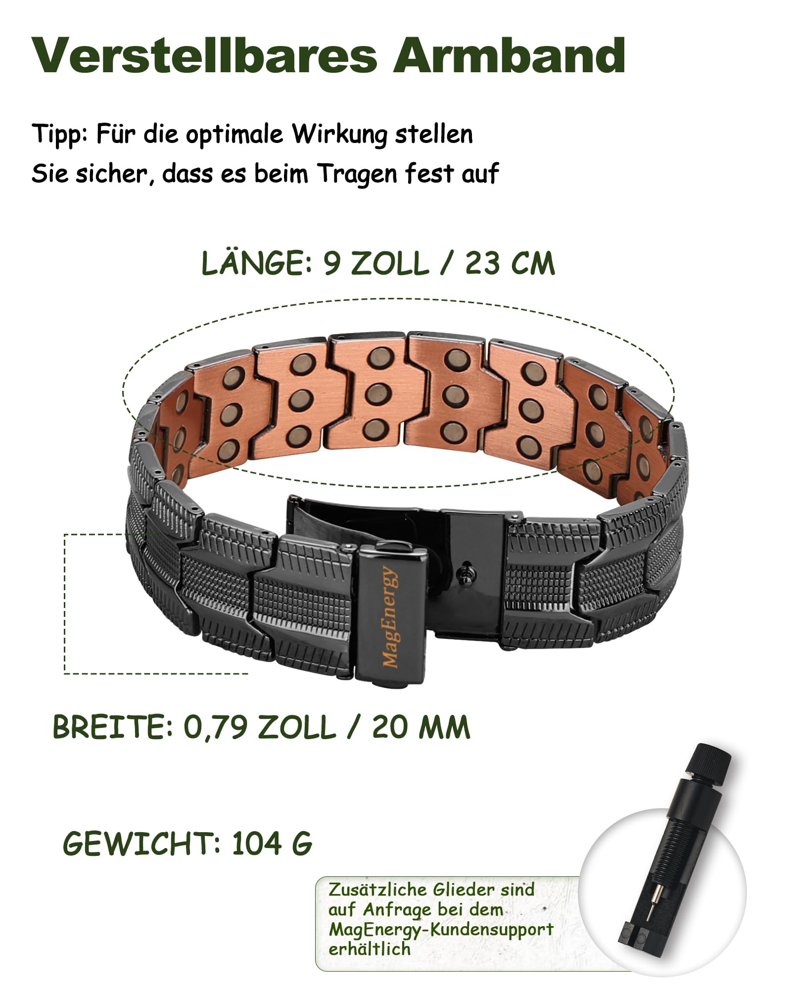 MagEnergy Herren Kupferarmband 3800 Gauss, massives Reinkupfer Armband mit Schmetterlingsverschluss, verstellbar mit Größenwerkzeug