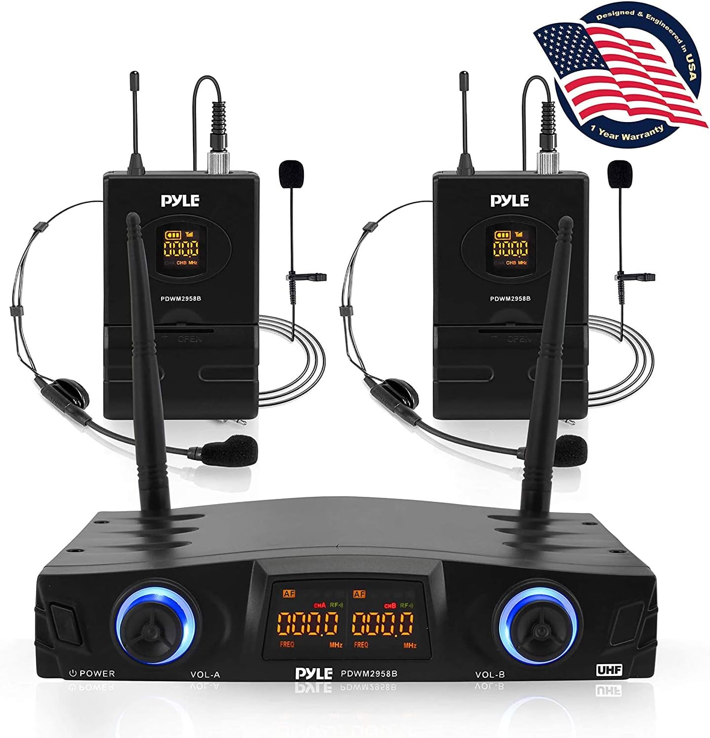 PYLE Compact UHF Wireless Microphone System - Pro Portable Dual Channel Digital Mic Receiver Set W/ 2 Belt-Pack Transmitter, Receiver, 2 Headset, Lavalier Mics, XLR, For Home, PA - PDWM2958B ,Black