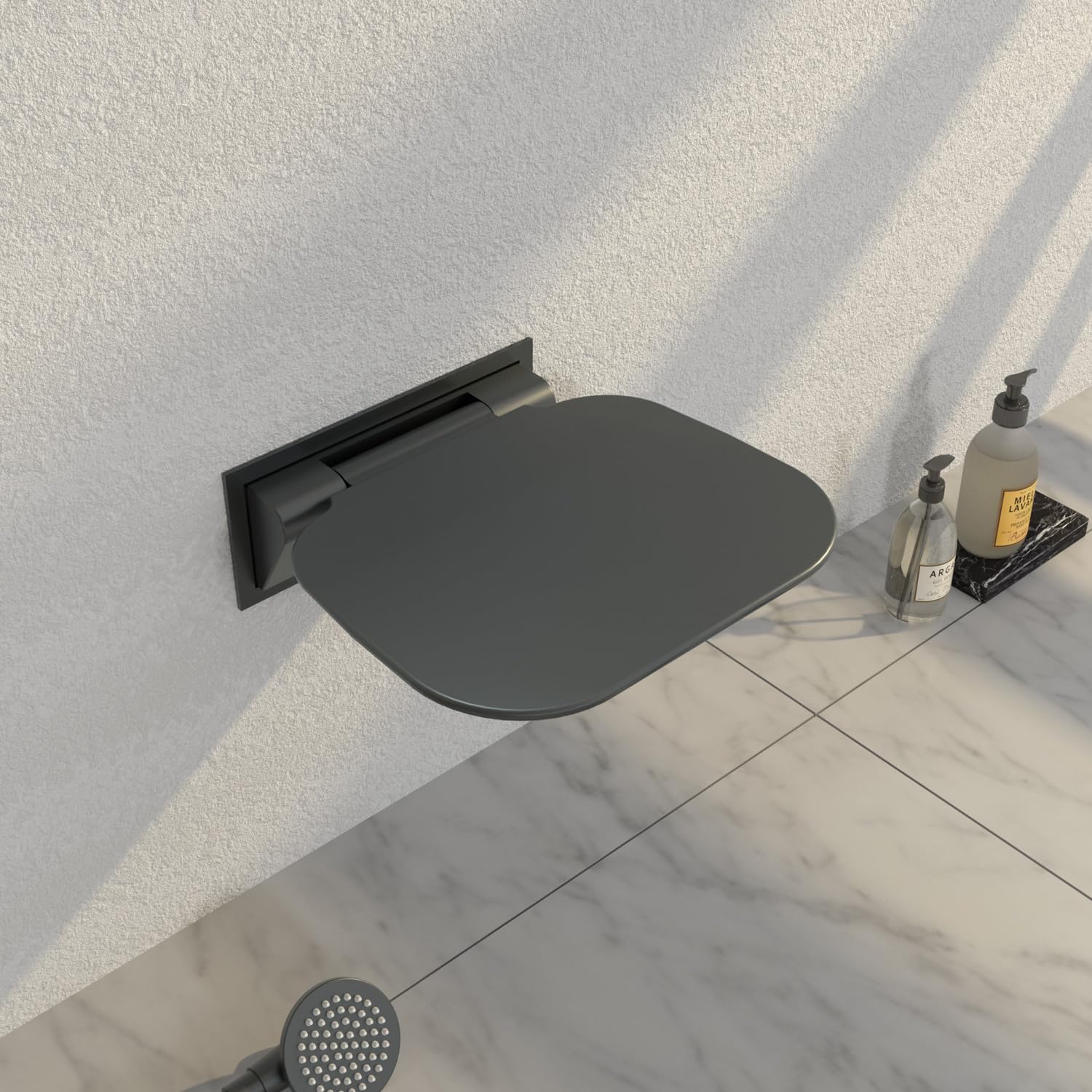 Asiento de ducha ampliado plegable montado en la pared, color negro, 40 × 39 cm, taburete de ducha para baño, silla de ducha plegable para reinstalación y renovación de baño