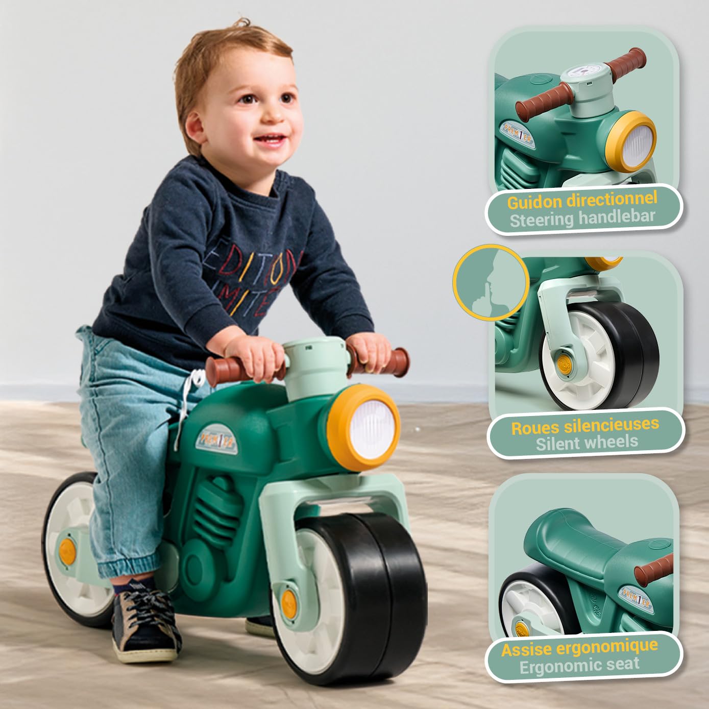FALK - Draisienne Moto Prem1er - Verde - Ruote extra larghe e silenziose - Manubrio direzionale - Look Vintage - Contiene almeno il 75% di plastica riciclata - Made in France - Da 12 mesi - 451S | Ruote extra larghe e silenziose, contiene almeno il 75% di